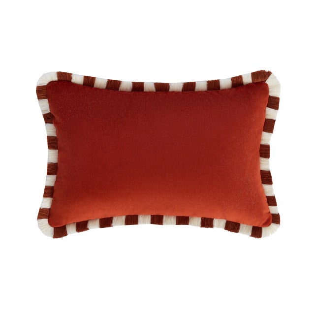 Textile Bicolor White Velvet Cushion with Brick and White Fringes from Lo Decor For Sale - Image 7 of 9