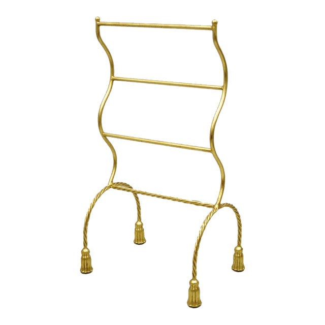 Mid 20th Century Italian Hollywood Regency Gold Gilt Metal Iron Towel Rack With Tassel Feet For Sale