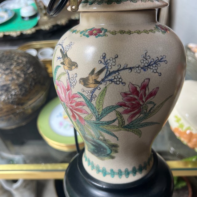 Vintage Hand Painted Floral Table Lamp With Bird Accents- Lampshade Included For Sale - Image 4 of 5