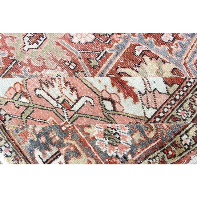 Persian Heriz With Geometric Medallion in Soft Red, Gray Blue With Soft Greens 7'6 X 10'8 For Sale - Image 11 of 13