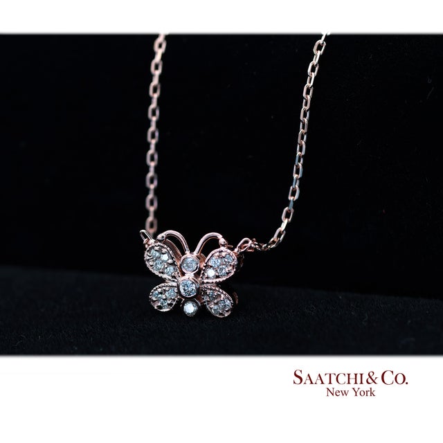 14k(585) Rose Gold Natural Diamond Butterfly Pendant Necklace With Chain For Sale In New York - Image 6 of 12