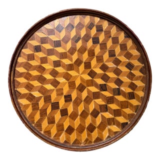 Antique Round Service Tray or Tabletop Geometric Parquetry Wood For Sale