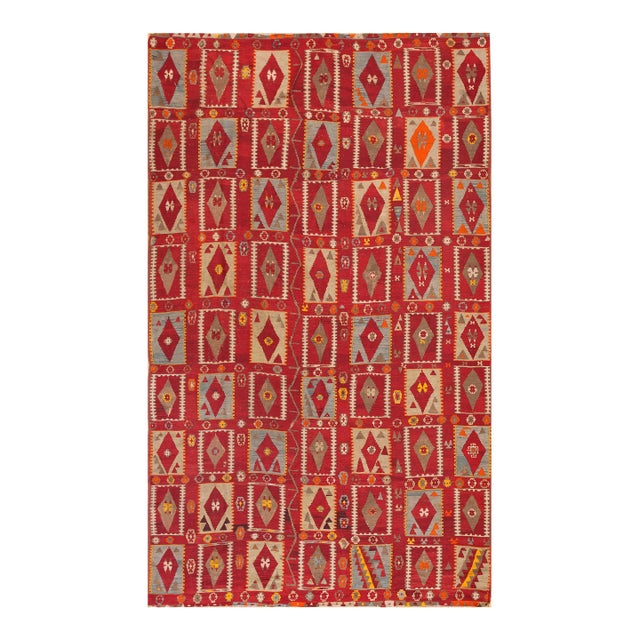 1900s Red Diamond Tribal Antique Turkish Oushak Flat-Weave Rug 6'6" X 11' Wool Carpet For Sale