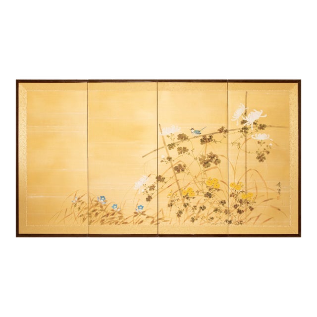 "Tit and Chrysanthemums", Showa Era Japanese Painted Silk Bybu Screen For Sale