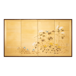 "Tit and Chrysanthemums", Showa Era Japanese Painted Silk Bybu Screen