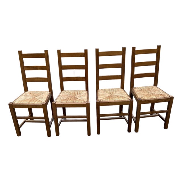 French Country Ladder Back Rush Seat Dining Chairs - Set of 4 For Sale