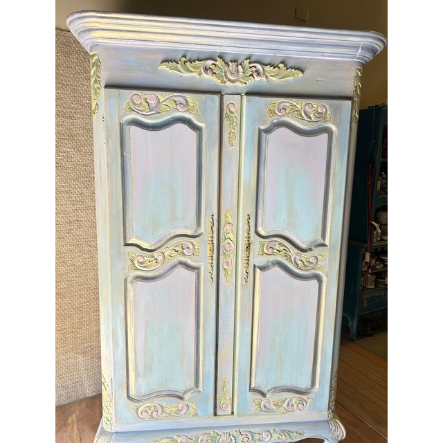 Gorgeous Whimsical and Romantic Blue Vintage French Provincial Armoire Custom Hand Painted. For Sale - Image 4 of 12