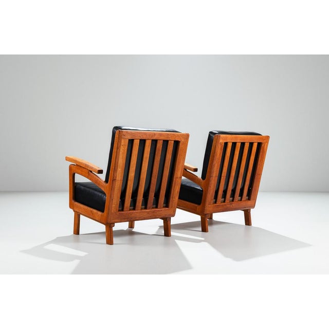 Belgian Lounge Chairs in Oak with Leather Cushions, 1960s, Set of 2 For Sale - Image 4 of 17