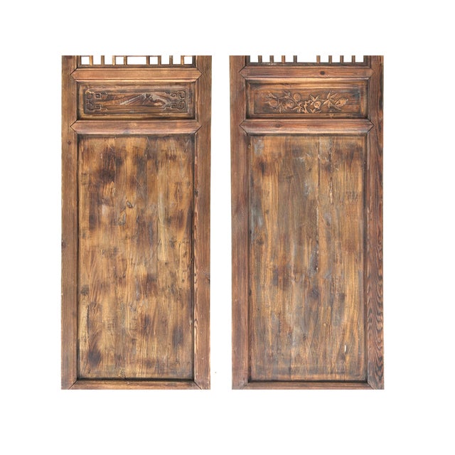 1970s Pair Oriental Bats Floral Geometric Lattice Pattern Tall Wood Door Panel Screen For Sale - Image 5 of 6