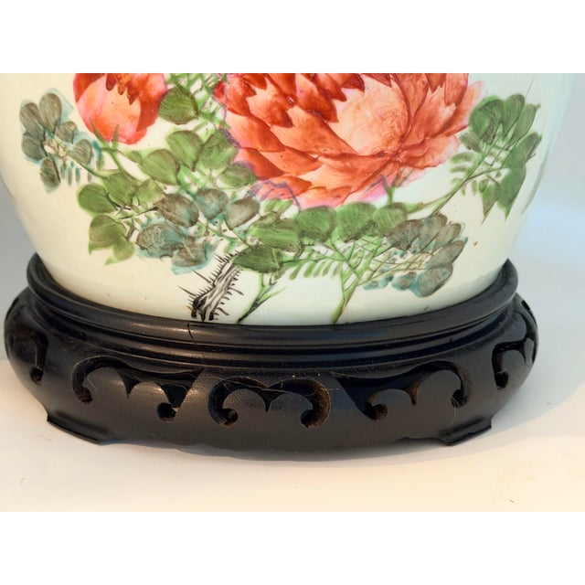 Pair of Chinese Famille Rose Chinoiserie Porcelain Handpainted Ginger Jar Table Lamps, Pink and Green Floral With Birds and Calligraphy For Sale In Savannah - Image 6 of 18