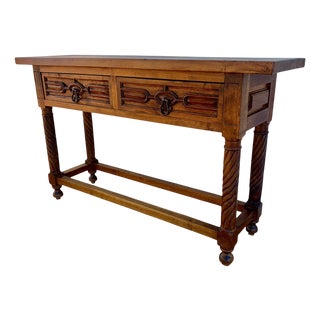 Vintage Carved Walnut Console Table with Solomonic Legs and Two Drawers, 1940s For Sale