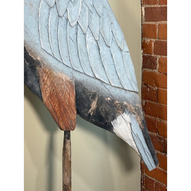 Monumental Folk Art Hand Carved & Painted Wood Blue Heron Garden Sculpture For Sale In Providence - Image 6 of 12