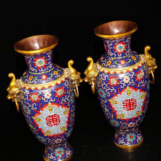 Bronze Pair of Chinese Cloisonné Vases | Gilt Bronze Handles & Taotie Mask Motif For Sale - Image 8 of 9