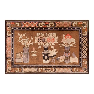 1920s Brown Floral Vase Antique Chinese Bao Tou Rug 4' 2'' X 6' 6'' Knotted Wool Carpet For Sale