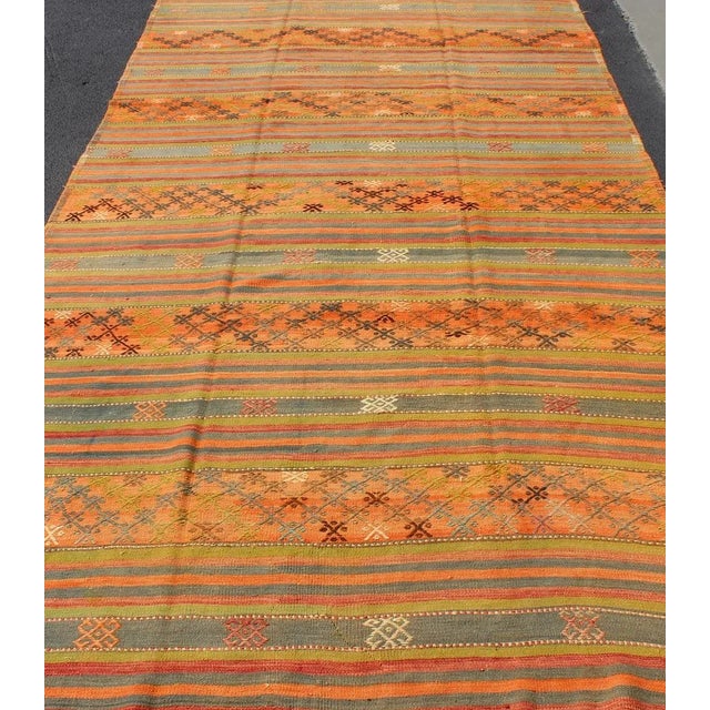 Mid 20th Century Colorful Vintage Embroidered Kilim With Stripe's and Geometric Motifs 6' X 12 For Sale - Image 5 of 11