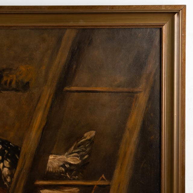 Spanish 19th Century Spanish Oil on Canvas Barn Scene With Rooster and Chickens For Sale - Image 3 of 12