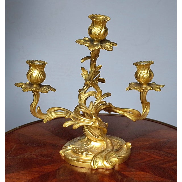 Metal Pair of 20th Century Rococo Style Gilt Dore Three-Light Candelabra For Sale - Image 7 of 11