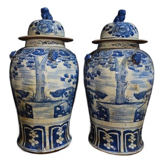 Pair of Large Chinese Blue & White Porcelain General Jars With Tiger Handles For Sale