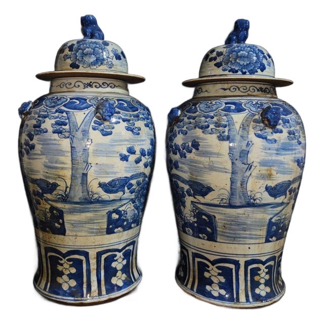 Pair of Large Chinese Blue & White Porcelain General Jars With Tiger Handles For Sale