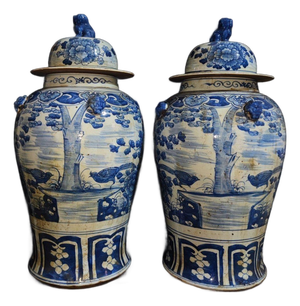 Pair of Large Chinese Blue & White Porcelain General Jars With Tiger Handles