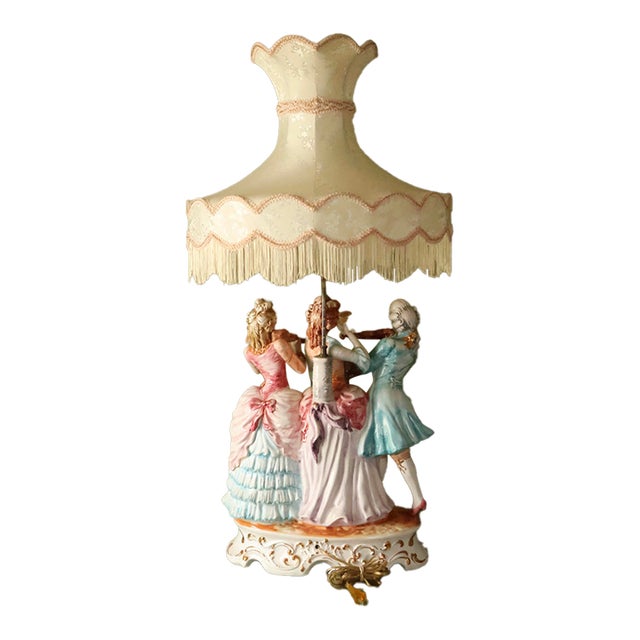 Vintage Italian Figural Porcelain Lamp With Fringed Shade - Courting Musicians Quartet For Sale