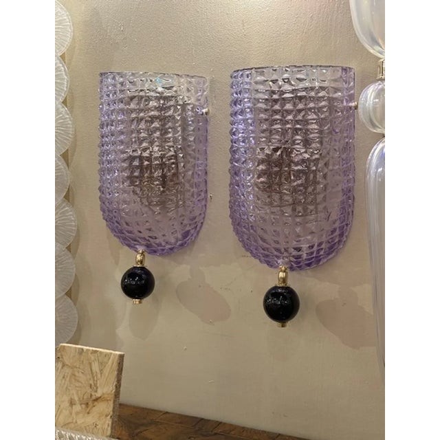 Pair of Modern Murano Glass Lavender Sconces With Black Ball For Sale - Image 4 of 5