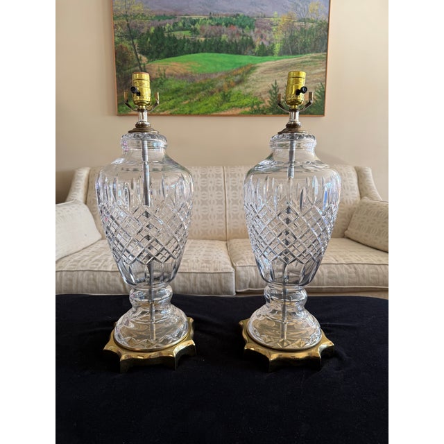 Classical Roman Vintage Waterford Style Elegant Large Crystal and Brass Table Lamps - a Pair For Sale - Image 3 of 9