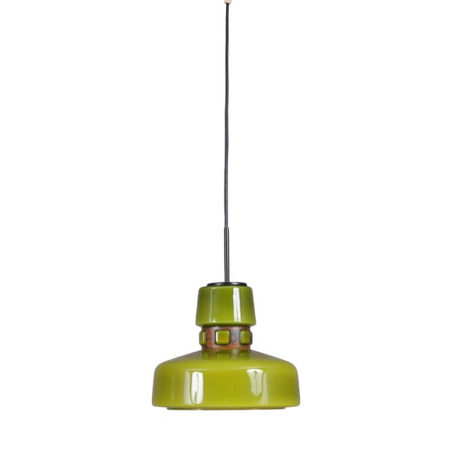 Green Glass Hanging Lamp with Copper Details by Victor Berndt for Flygsfors, Sweden, 1970s For Sale
