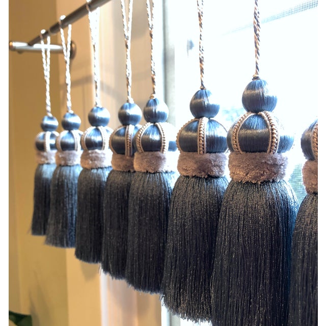 Art Deco Pair of Smoky Blue Key Tassels With Satin & Cut Velvet Details For Sale - Image 3 of 13