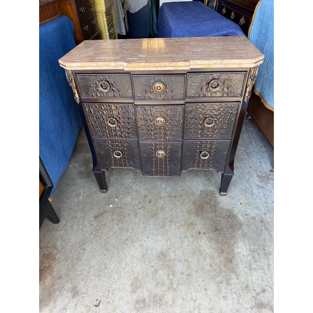 Theodore Alexander Theodore Alexander Marble Top Crocodile Embossed Three Drawer Chest For Sale - Image 4 of 9