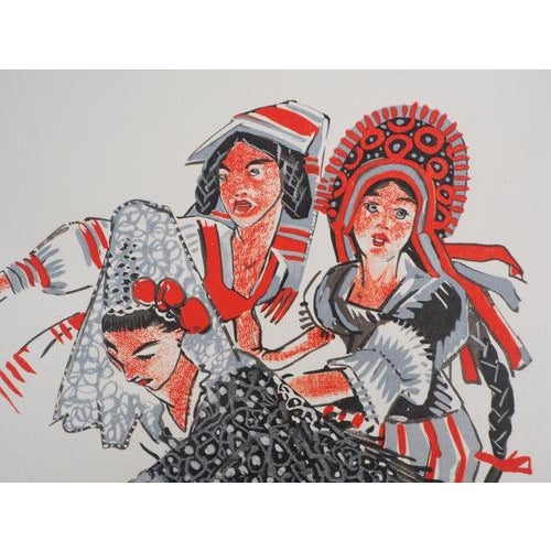 Mathurin meheut brittany: three breton women, 1932 wood engraving on vellum signed in the plate vellum mounted on thin...