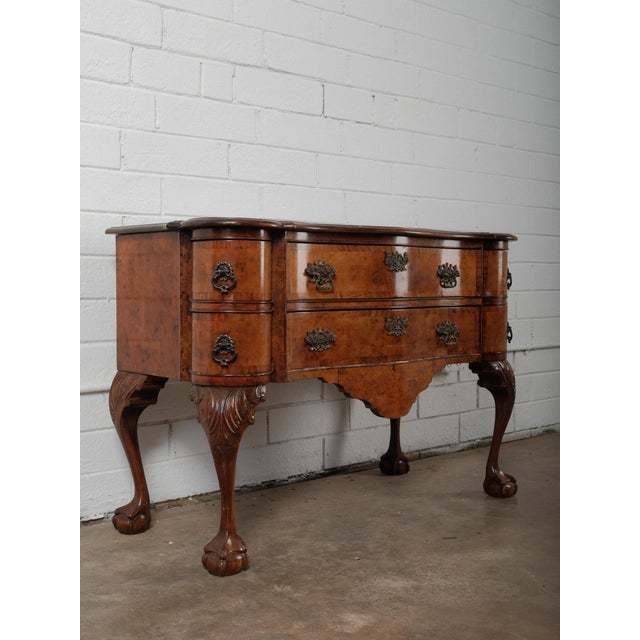 Chippendale Early 20th Century English Burl Walnut Chippendale-Style Lowboy Ball-and-Claw Console For Sale - Image 3 of 11