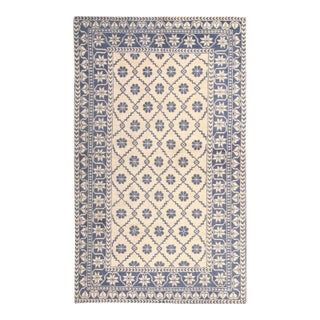 Antique Agra Geometric-Floral Blue and Gray Cotton Rug For Sale