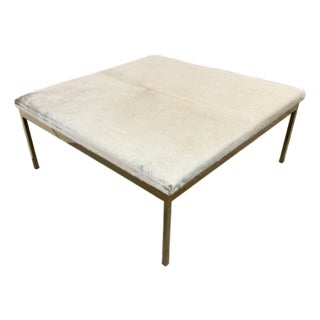 Modern Square Cowhide Ottoman + Brass Frame For Sale