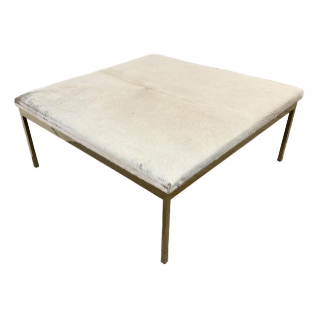 Modern Square Cowhide Ottoman + Brass Frame For Sale