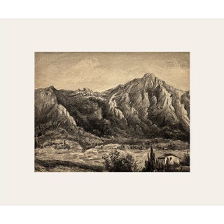 Early 1900s Antique French Charcoal Drawing on Paper of Mountainscape and Countryside Farms, With Mat For Sale