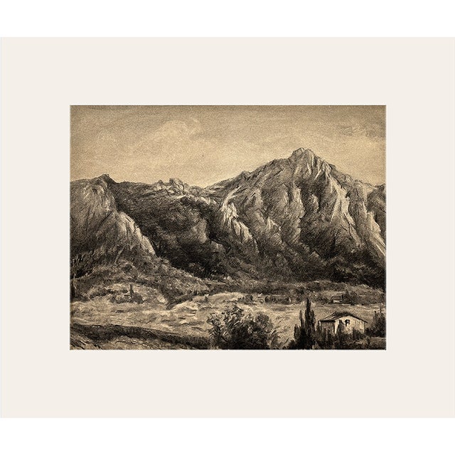 Early 1900s Antique French Charcoal Drawing on Paper of Mountainscape and Countryside Farms, With Mat For Sale