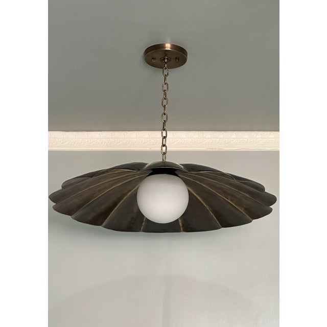 Vintage-Inspired Brass Flush Mount Ceiling Light With Adjustable Chain and Milk Glass Globe For Sale - Image 4 of 13