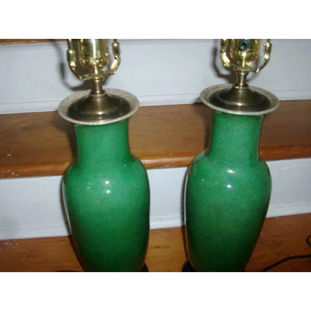 19th Century Chinese Monochrome Porcelain Green Baluster Shaped Vases as Lamps - a Pair For Sale - Image 4 of 7