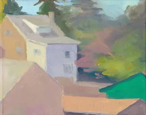 Contemporary Plein Air Painting on Canvas "Houses in Fall" by Michelle Farro