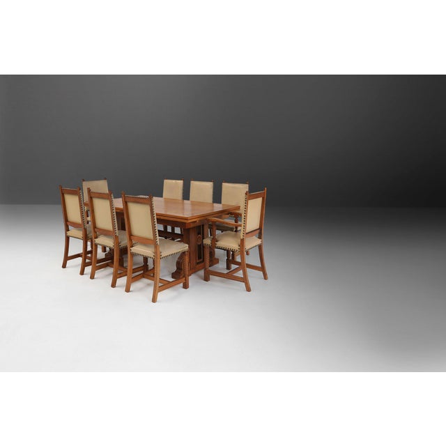 Brown Art Deco Dining Room Charis in Oak and Leather, 1940s, Set of 8 For Sale - Image 8 of 9