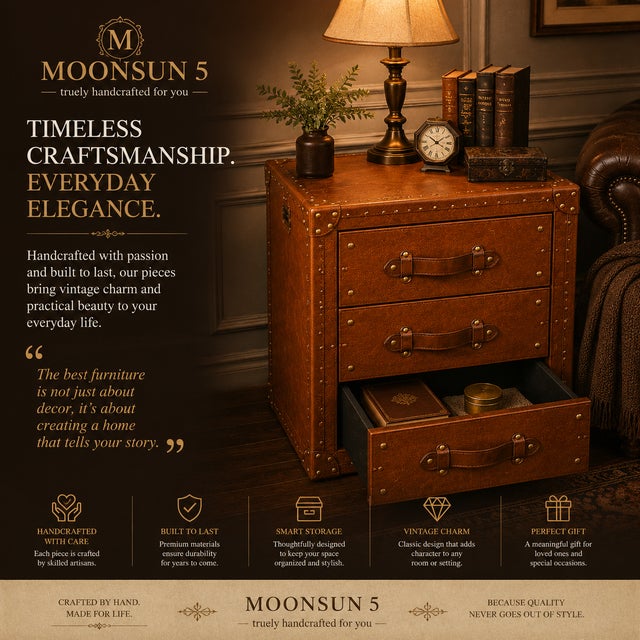 Luxury Handmade Leather Bedside Tables, Pair of Vintage Trunk Nightstands, Leather 3 Drawer Bedside Cabinets With Brass Studs, A Pair For Sale - Image 13 of 14