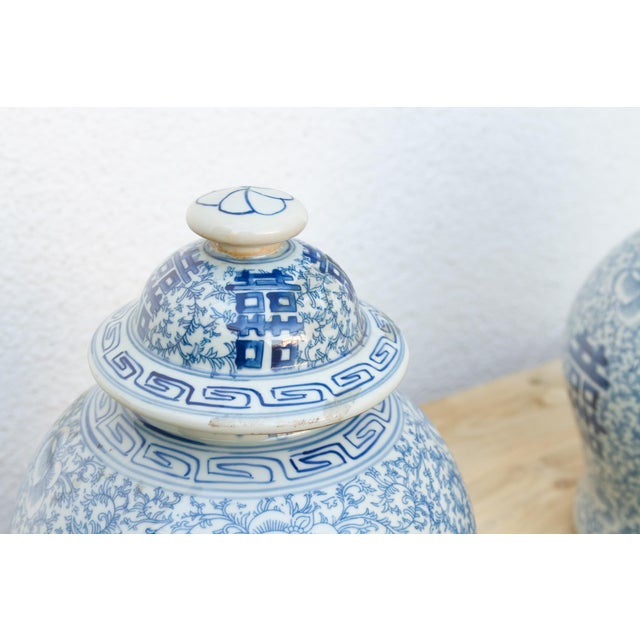 Ceramic Pair of Blue & White Double Happiness Jars For Sale - Image 7 of 14