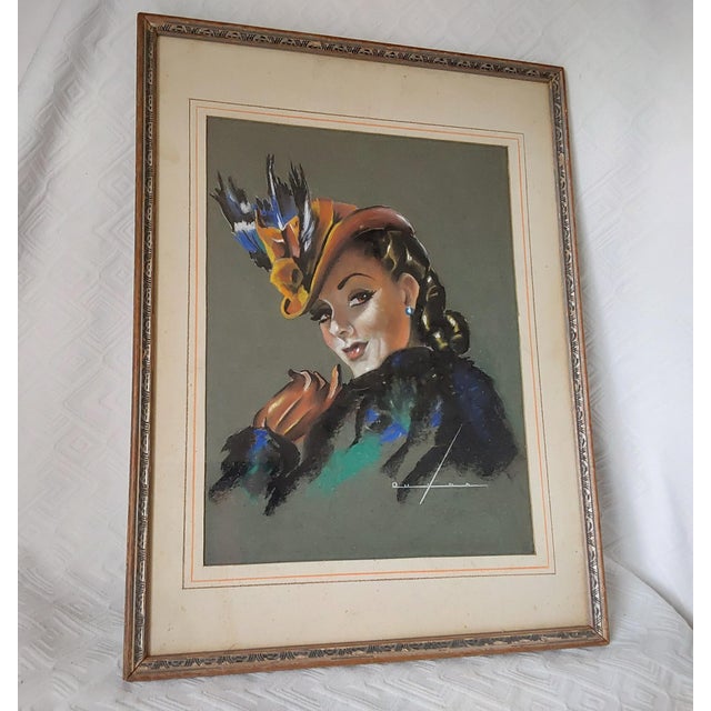 Illustration Original C1940s Vintage Illustration of a Pretty Lady With Feathered Hat For Sale - Image 3 of 6