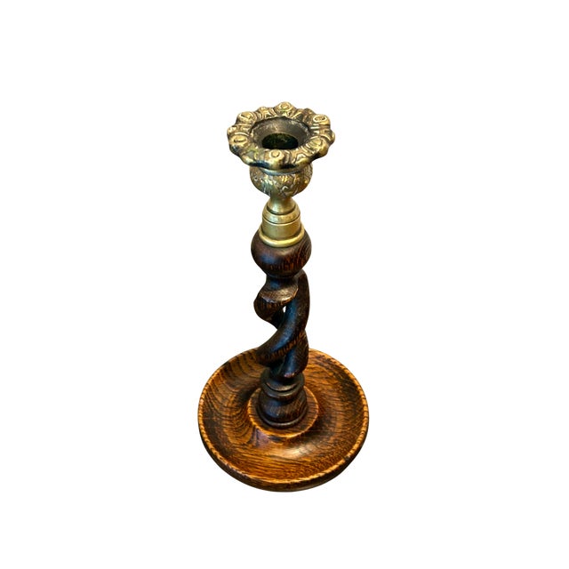 Antique English Oak Barley Twist Candlestick With Brass Bobeche | Victorian–Edwardian Candle Holder | English Country Decor For Sale - Image 6 of 9