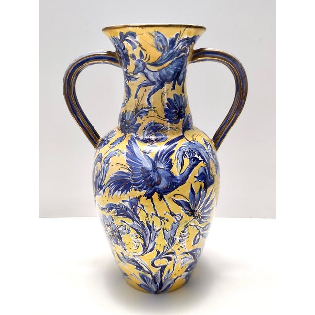 Vintage Handmade Yellow and Blue Glazed Ceramic Amphora Vase by Zulimo Aretini, Italy, 1950s For Sale - Image 15 of 15