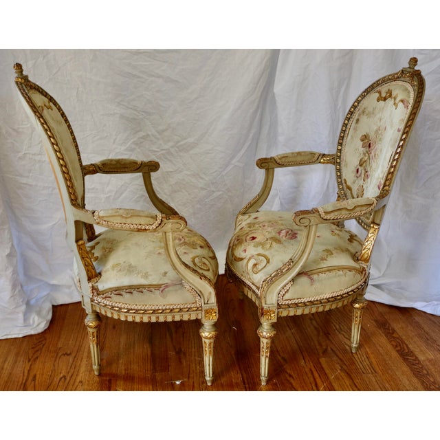 Wood French Louis XVI Carved Giltwood Gold Leaf Armchairs With Aubusson Tapestry Upholstery Circa 1760's - A Pair For Sale - Image 7 of 7