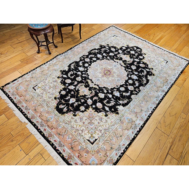 Fine Persian Tabriz Rug, Hand-Knotted Wool & Silk, Floral Pattern, Black & Ivory, 7x10 For Sale - Image 9 of 18