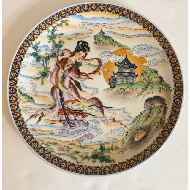 Vintage Chinoiserie Decorative Porcelain Wall Plate Chang'e the Chinese Moon Goddess For Sale - Image 9 of 9