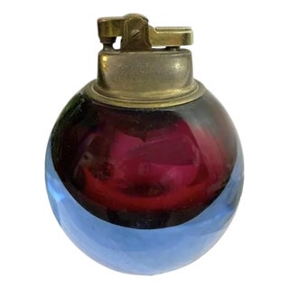 Vintage Murano Art Glass Ball Table Lighter in Shades of Aubergine and Blue With Brass Top For Sale